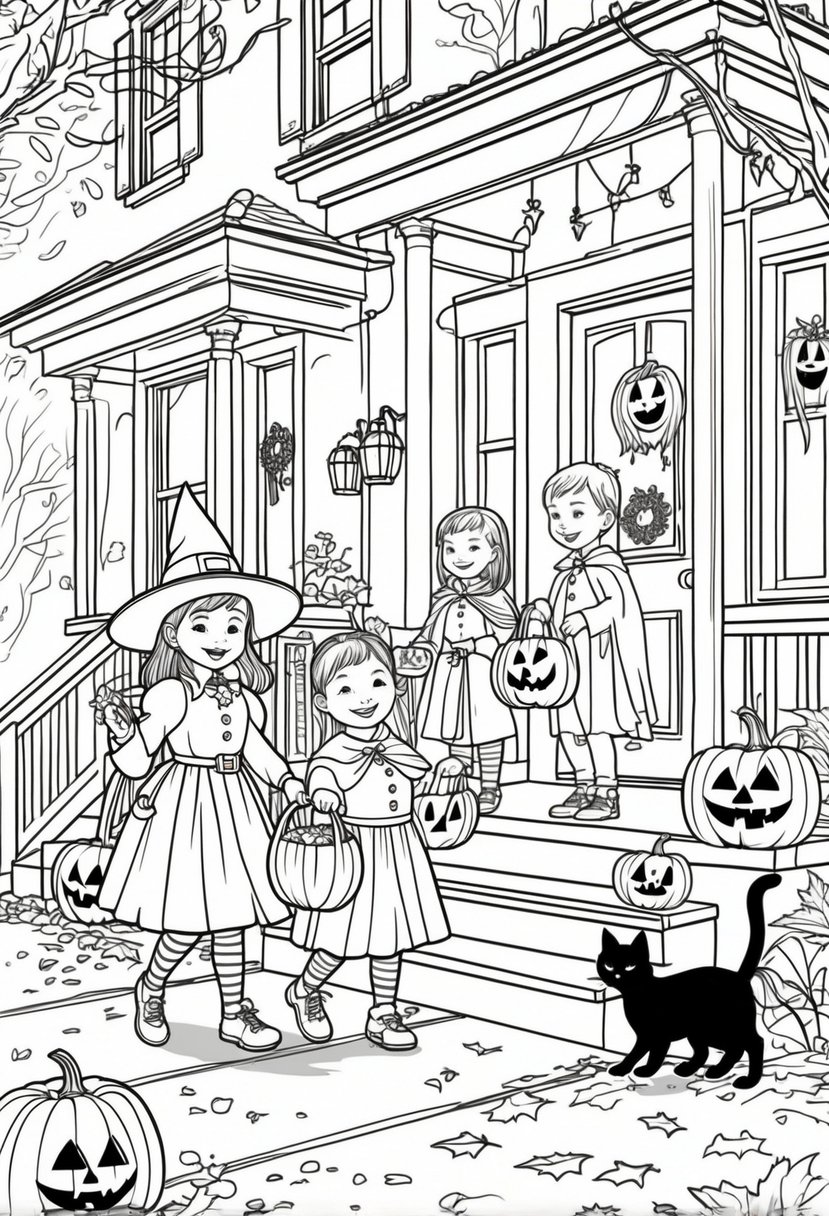 Halloween Coloring Pages for Kids Featuring 16 Cute and Friendly Characters and Scenes 27 Children dressed in Halloween costumes trick-or-treating in a neighborhood with decorated houses, pumpkins, and Halloween decorations.